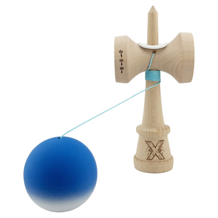 Kendama X Originala, Profesionala, Cyrax, Rubber Grip, Cupe Mari KING SIZE V3, Gaura in Baza, Rulment Metalic, din lemn 18 cm, Ata 62/65 cm, Gradient Albastru/Alb