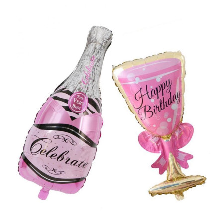 Set 2 Baloane din Folie Metalizata, Cyrax, tematica Aniversare HAPPY BIRTHDAY, Figurine Model Sticla de Sampanie 50 x 108 cm si Pahar 48 x 93 cm, Roz