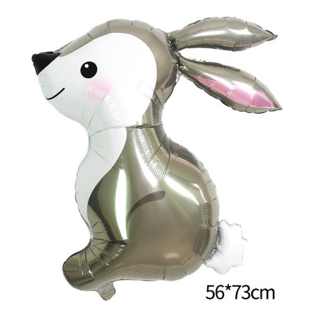 Balon din Folie Metalizata, Cyrax, Ambalaj Individual, Pai Inclus, Model Iepure, Tema Animalute, 56x73 cm, Umflare cu Aer sau Heliu, Gri