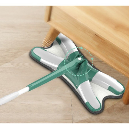 Mop Plat cu Laveta din Microfibra,  Pentru Uz Casnic, Sistem de Stoarcere X, Tija Telescopica 140 cm, Rotire 360°,38 x 140 cm, Verde