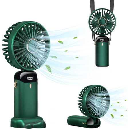 Ventilator Ultra Portabil cu Aromaterapie,  3 in 1, de Mana, de Birou, de Gat, 5 Trepte de Viteza, Incarcare USB, Autonomie 12h, Pliabil, cu Ecran LCD, Verde
