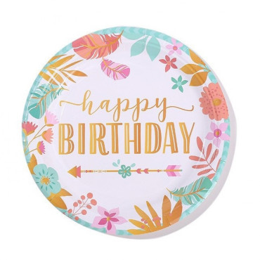 Set 10 Farfurii Unica Folosinta, Cyrax, Imprimeu Happy Birthday Frunze, din Carton, Diametru 18 cm, Multicolor
