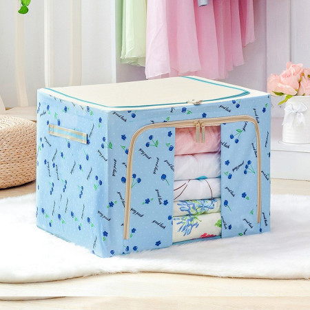 Cutie de Depozitare Pliabila,  66 L, din Tesatura Oxford, 50x40x33 cm, Fereastra Frontala, 2 Usi de Acces cu Fermoar Bidirectional, Cadru Metalic, Suport Baza Stabil din Plastic, Imprimeu Cirese, Albastru