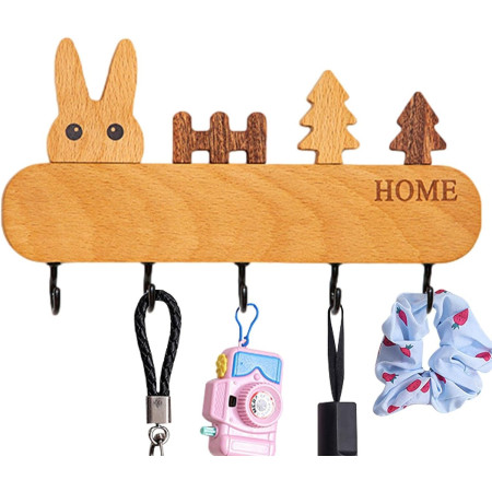 Suport pentru Chei,  din Lemn, Aplicare fara Perforare, Adeziv Inclus, 5 Carlige Negre, Model Iepure, Greutate Suportata 5 kg, 13.5 x 22 cm, Maro