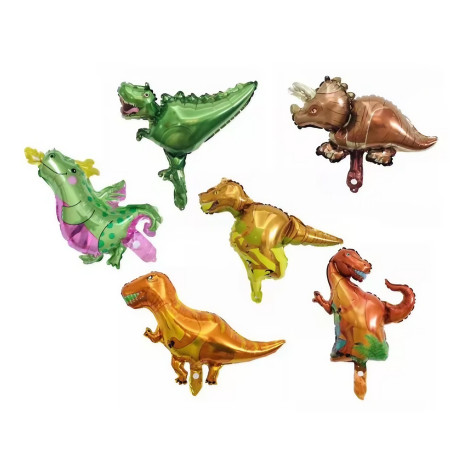 Balon din Folie Metalizata, Cyrax, Mini Figurine Dinozauri, Model T-Rex, Tematica Aniversare, 48x34 cm, Ambalaj Individual, Pai Inclus, Umflare cu Aer sau Heliu, Multicolor