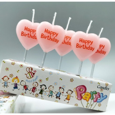 Set 5 Lumanari de Tort, Cyrax, Model Inima, Text Happy Birthday, 2.5 x 2.5 cm, din Ceara, Multicolor