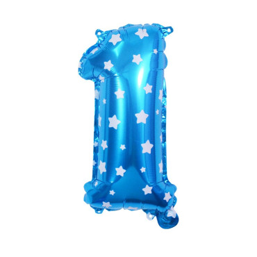Balon din Folie Metalizata Cyrax, Figurina Cifra, Imprimeu Stele, Tema Aniversare 80 cm, Ambalaj Individual, Pai inclus, Umflare cu Aer sau Heliu, Albastru, Cifra 1