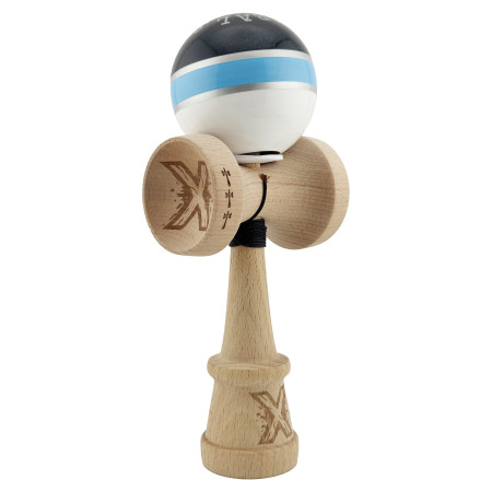 Kendama X Originala ROYAL SPIKE, Profesionala, Cyrax, Cupe Mari KING SIZE V3, Super Sticky, Gaura in Baza, Rulment Metalic, din lemn 18 cm, Ata 55 cm, Inel Albastru deschis