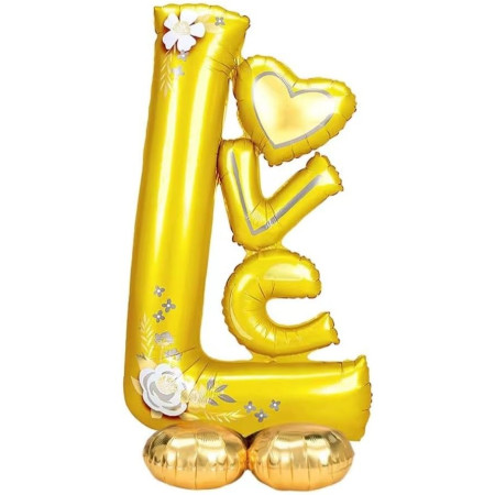 Balon din Folie Metalizata, Cyrax, Figurine, Model LOVE, Tematica Iubire, 110x64 cm, Ambalaj Individual, Pai Inclus, Umflare cu Aer sau Heliu, Galben