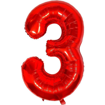 Balon din Folie Metalizata Cyrax, Figurina Cifra, Tema Aniversare 40 cm, Ambalaj Individual, Pai inclus, Umflare cu Aer sau Heliu, Rosu, Cifra 3