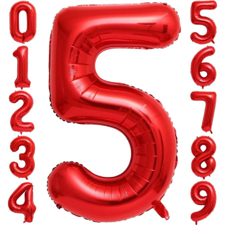 Balon din Folie Metalizata Cyrax, Figurina Cifra, Tema Aniversare 100 cm, Ambalaj Individual, Pai inclus, Umflare cu Aer sau Heliu, Rosu, Cifra 5