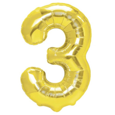 Balon din Folie Metalizata Cyrax, Figurina Cifra, Tema Aniversare 40 cm, Ambalaj Individual, Pai inclus, Umflare cu Aer sau Heliu, Auriu, Cifra 3