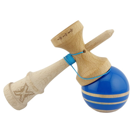 Kendama X Rainbow Originala, Profesionala, Cyrax, Big Cups V2, Super Sticky cu Cupe Mari, Rulment Metalic, din lemn 18 cm, Ata 55 cm, Albastru/Maro