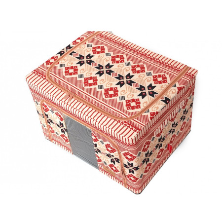 Cutie de Depozitare Pliabila,  66 L din Bumbac si In, 52 x 42 x 39 cm, Fereastra Frontala, 2 Usi de Acces cu Fermoar Bidirectional, Cadru Metalic, Suport Baza Stabil din Plastic, Motiv Traditional Model 5