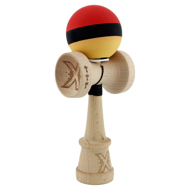 Kendama X Originala, Profesionala, Cyrax, Cupe Mari KING SIZE V3, Rubber Grip, Gaura in Baza, Rulment Metalic, din lemn 18 cm, Ata 62/65 cm, M Rosu/Negru/Galben