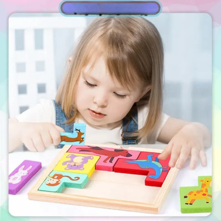 Puzzle din Lemn Cyrax, Tip Tetris, +4 Ani, cu Animale Colorate 3D, 7 Piese, Multicolor