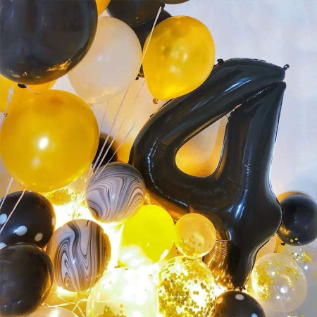 Balon din Folie Metalizata, Cyrax, Figurina Cifra, Tema Aniversare 100 cm, Ambalaj Individual, Pai inclus, Umflare cu Aer sau Heliu, Negru, Cifra 4