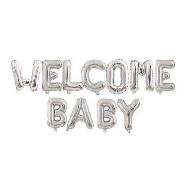 Set Baloane din Folie Metalizata, Cyrax, Figurine Litere, Model Welcome Baby, Tema Aniversare, 40 cm, Ambalaj Individual, Pai inclus, Umflare cu Aer sau Heliu, Argintiu