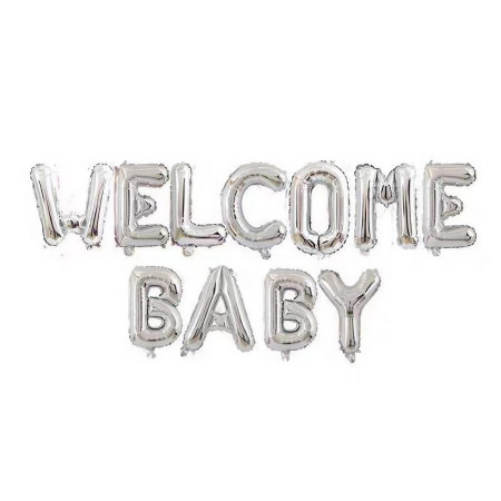 Set Baloane din Folie Metalizata, Cyrax, Figurine Litere, Model Welcome Baby, Tema Aniversare, 40 cm, Ambalaj Individual, Pai inclus, Umflare cu Aer sau Heliu, Argintiu