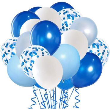Set 16 Baloane din Latex Metalizate, Cyrax, Model Party, 30 cm, Alb, Albastru, Albastru Chrome, Transparent Confetti 2.8 g