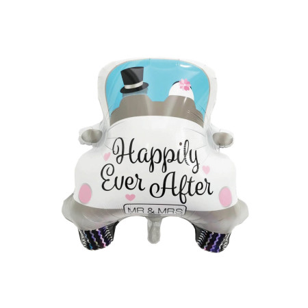 Balon din Folie Metalizata, Cyrax, Figurina Masina, Model Nunta Happily Ever After, Tema Nunta, 60 x 63 cm, Ambalaj Individual, Pai Inclus, Umflare cu Aer sau Heliu, Alb