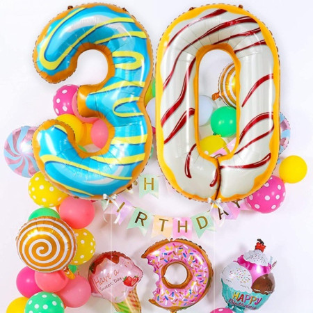 Balon din Folie Metalizata Cyrax, Figurina Cifra, Imprimeu Gogosi, Tema Aniversare 100 cm, Ambalaj Individual, Pai inclus, Umflare cu Aer sau Heliu, Multicolor, Cifra 0