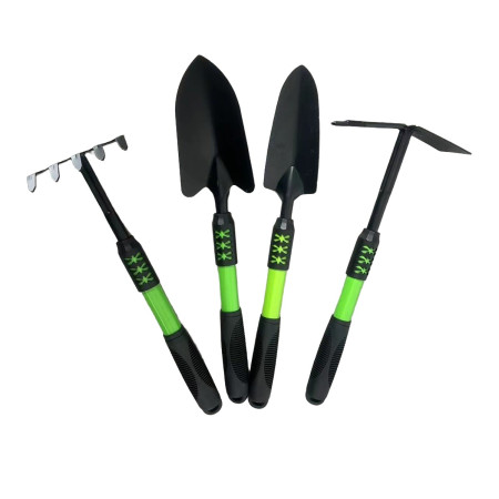 Set 4 Unelte de Gradina  pentru Plantare, Prelucrare Sol si Ingrijire Plante, Material PVC Carbon, Grebla, Sapaliga cu Cap Dublu, Lopata Mica, Lopata Lata, 43 x 11 cm, Negru/Verde