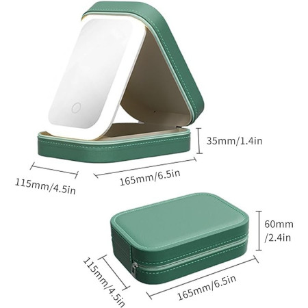 Portfard, Cyrax, Geanta Cosmetice, cu Oglinda LED, 3 Moduri de Lumina, Incarcare USB, Baterie 1200 mAh, pentru Organizarea Cosmeticelor, 4 Compartimente, Imitatie Piele, Verde, 16.5x11.5x6 cm
