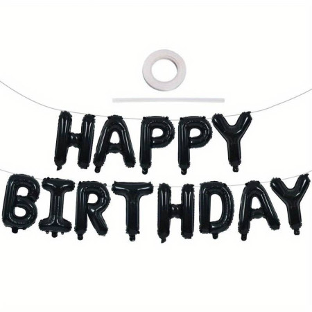 Set 25 de Baloane din Folie Metalizata si Latex, Cyrax, Figurine 2 Stele, 4 Baloane Confetti, 13 Litere, 6 Latex, Model Happy Birthday, Tema Aniversare, 40 cm, Ambalaj Individual, Pai Inclus, Umflare cu Aer sau Heliu, Negru