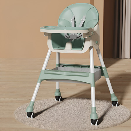 Scaun de Masa pentru Bebelusi si Copii, Cyrax, cu Roti, Telescopic, Pliabil, Masuta Reglabila, Suport Picioare, Scaun cu Invelis Piele Artificiala, Centura Siguranta, Spatiu Depozitare, 97x73x65 cm, Verde