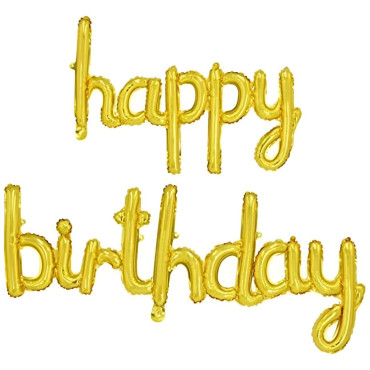 Set Baloane din Folie Metalizată, Cyrax, Model Happy Birthday, 45x85 cm, 45x124cm, Baloane Party, Ambalaj Individual, Pai inclus, Umflare cu Aer sau Heliu, Gold