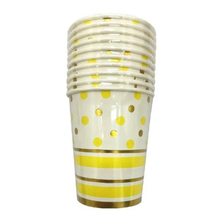 Set 10 Pahare, Cyrax, Imprimeu cu Buline si Dungi, din Carton, 250 ml, 7.5 x 8.5 x 5.2 cm, Galben/Auriu
