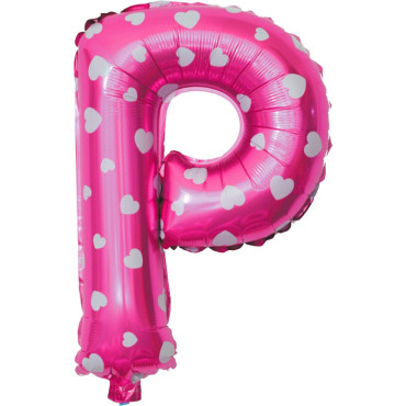 Balon Folie Metalizata Litera P, Cyrax, 40 cm, Cu Imprimeu Inimioare, Umflati cu Heliu sau Aer, Ambalaj Individual, Pai inclus, Roz