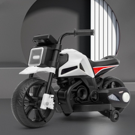 Motocicleta Electrica cu 2 Roti Mari si 2 Roti Ajutatoare, Cyrax, Acumulator Incarcare, Anti-Rasturnare, Lumini, Muzica, Motor:380, Baterie 6V4.5, 41.5x70x34 cm, 4.5 Kg, 3 Ani+, Alb Negru