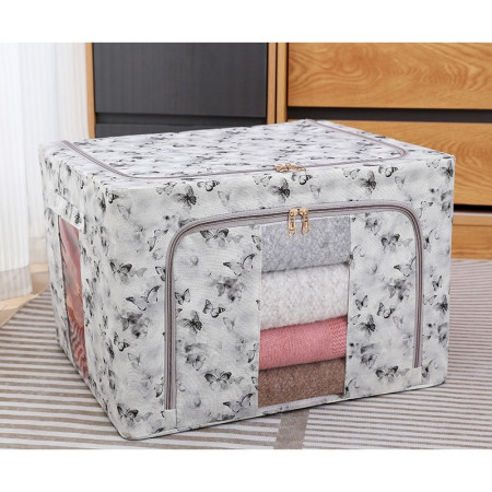 Cutie Depozitare,  66L, din Material Textil, 50 x 40 x 33 cm, pentru Haine si Lenjerii, Model Fluturasi, Gri/Auriu