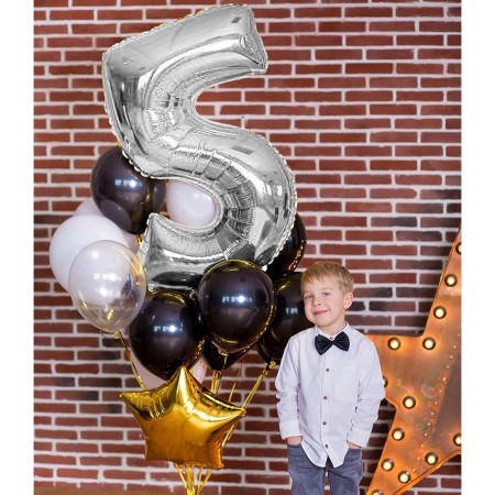 Balon din Folie Metalizata Cyrax, Figurina Cifra, Tema Aniversare 40 cm, Ambalaj Individual, Pai inclus, Umflare cu Aer sau Heliu, Argintiu, Cifra 5