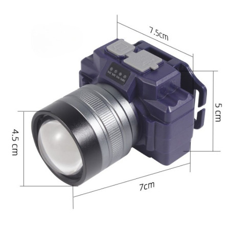 Lanterna LED de Montat pe Cap,  cu Raza Lunga de Zoom, Far Telescopic, Reglabil, Rezistent la Apa, pentru Pescuit in Aer Liber, Camping, Lumina Puternica, Lanterna, 7.5x5x7 cm, Albastru