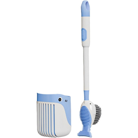 Perie de Toaleta,  cu Suport de Perete, Recipient Detergent, 2 Tipuri de Perii, Model Balena, Albastru