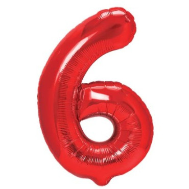 Balon din Folie Metalizata Cyrax, Figurina Cifra, Tema Aniversare 40 cm, Ambalaj Individual, Pai inclus, Umflare cu Aer sau Heliu, Rosu, Cifra 6