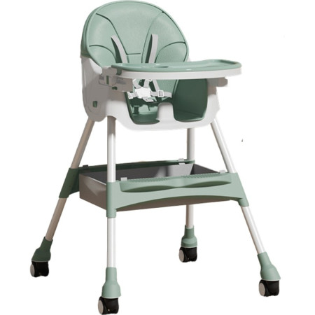 Scaun de masa pentru bebelusi si copii Cyrax, cu roti, telescopic, pliabil, masuta reglabila, suport picioare, scaun invelis piele artificiala, centura siguranta, spatiu depozitare, 97 x 73 x 65 cm, verde
