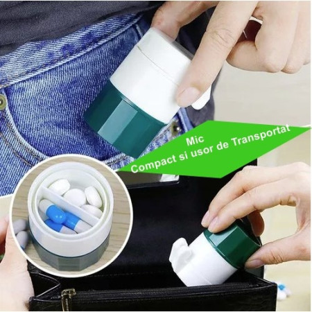 Cutie Pastile Multifunctionala,  4 in 1, Pahar Apa, Taiere, Sfaramare, Depozitare, Compact, ABS cu Lama din Inox, Alb/Verde, 8.7x6.2x4.1 cm