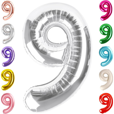 Balon din Folie Metalizata Cyrax, Figurina Cifra, Tema Aniversare 40 cm, Ambalaj Individual, Pai inclus, Umflare cu Aer sau Heliu, Argintiu, Cifra 9