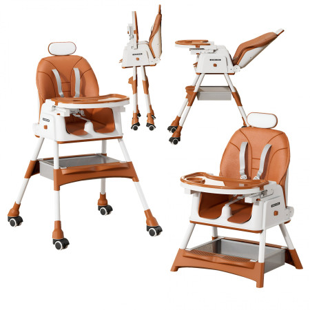 Scaun de Masa pentru Bebelusi si Copii Cyrax, cu Roti, cu Tetiera, Telescopic, Pliabil, Masuta Reglabila, Suport Picioare, Scaun cu Invelis Piele Artificiala, Centura Siguranta, Spatiu Depozitare, 97 x 73 x 65 cm, Maro