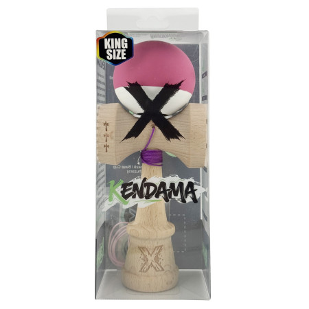 Kendama X Originala, Profesionala, Cyrax, Rubber Grip, Cupe Mari KING SIZE V3, Gaura in Baza, Rulment Metalic, din lemn 18 cm, Ata 62/65 cm, Bicolor Roz inchis/Alb