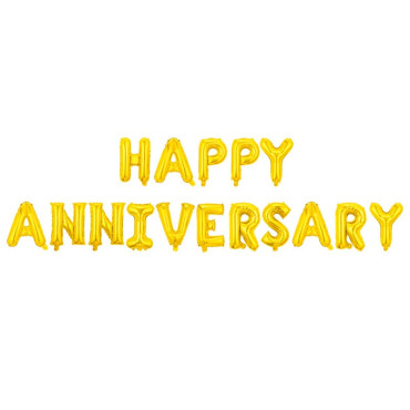 Set Baloane din Folie Metalizata, Cyrax, Model Happy Anniversary, Litere de 40 cm, Baloane Party, Ambalaj Individual, Pai Inclus, Umflare cu Aer sau Heliu, Auriu