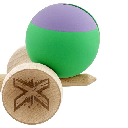 Kendama X Originala, Profesionala, Cyrax, Rubber Grip, Cupe Mari KING SIZE V3, Gaura in Baza, Rulment Metalic, din lemn 18 cm, Ata 62/65 cm, Bicolor Mov/Verde
