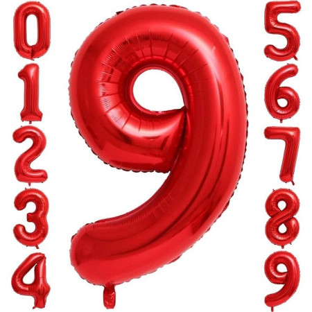 Balon din Folie Metalizata Cyrax, Figurina Cifra, Tema Aniversare 100 cm, Ambalaj Individual, Pai inclus, Umflare cu Aer sau Heliu, Rosu, Cifra 9