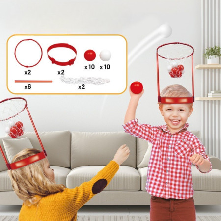 Set Interactiv pentru Copii, Cyrax, Joc cu Doua Cosuri de Baschet de Pus pe Cap, Joc Dublu, 20 de Mingi Albe si Rosii, Multicolor