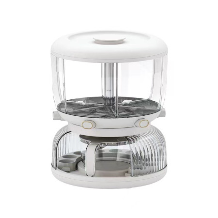 Dozator etajat de cereale Cyrax, rotativ 360, 6 compartimente, capacitate 10L, cofrag special pentru oua, vas pentru scurgerea cerealelor, 35x27.5 cm, alb