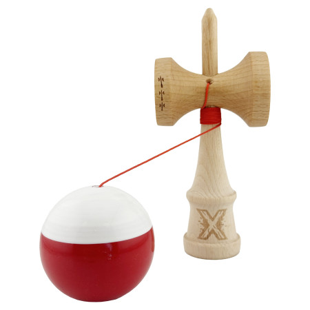 Kendama X Originala, Profesionala, Cyrax, Big Cups V2, Super Sticky cu Cupe Mari, Rulment Metalic, din lemn 18 cm, Ata 55 cm, Alb/Rosu